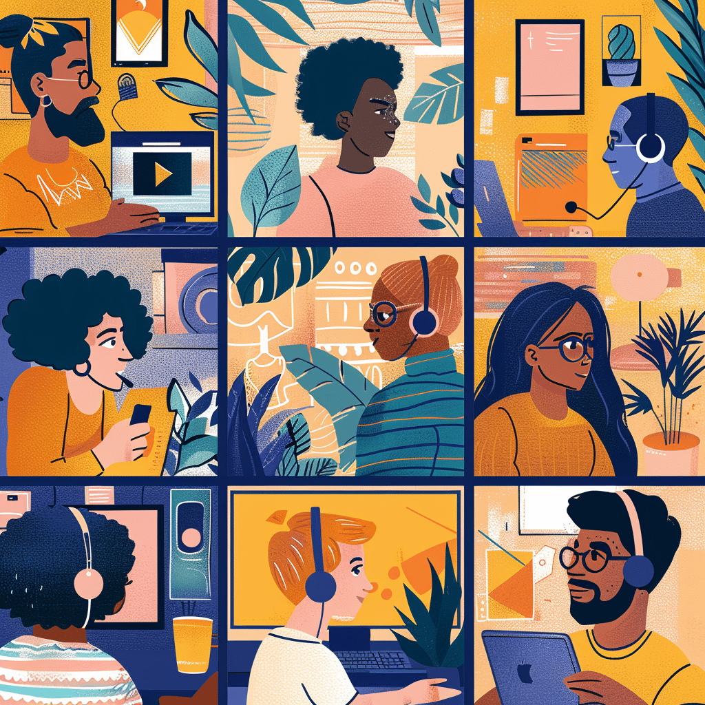 Remote team collaborating on internal podcast content.