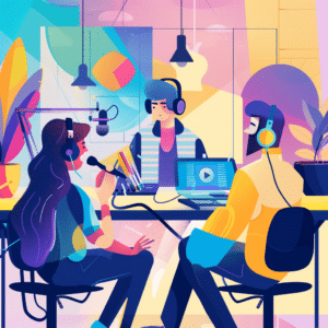 Marketing professionals producing a branded podcast in a studio.