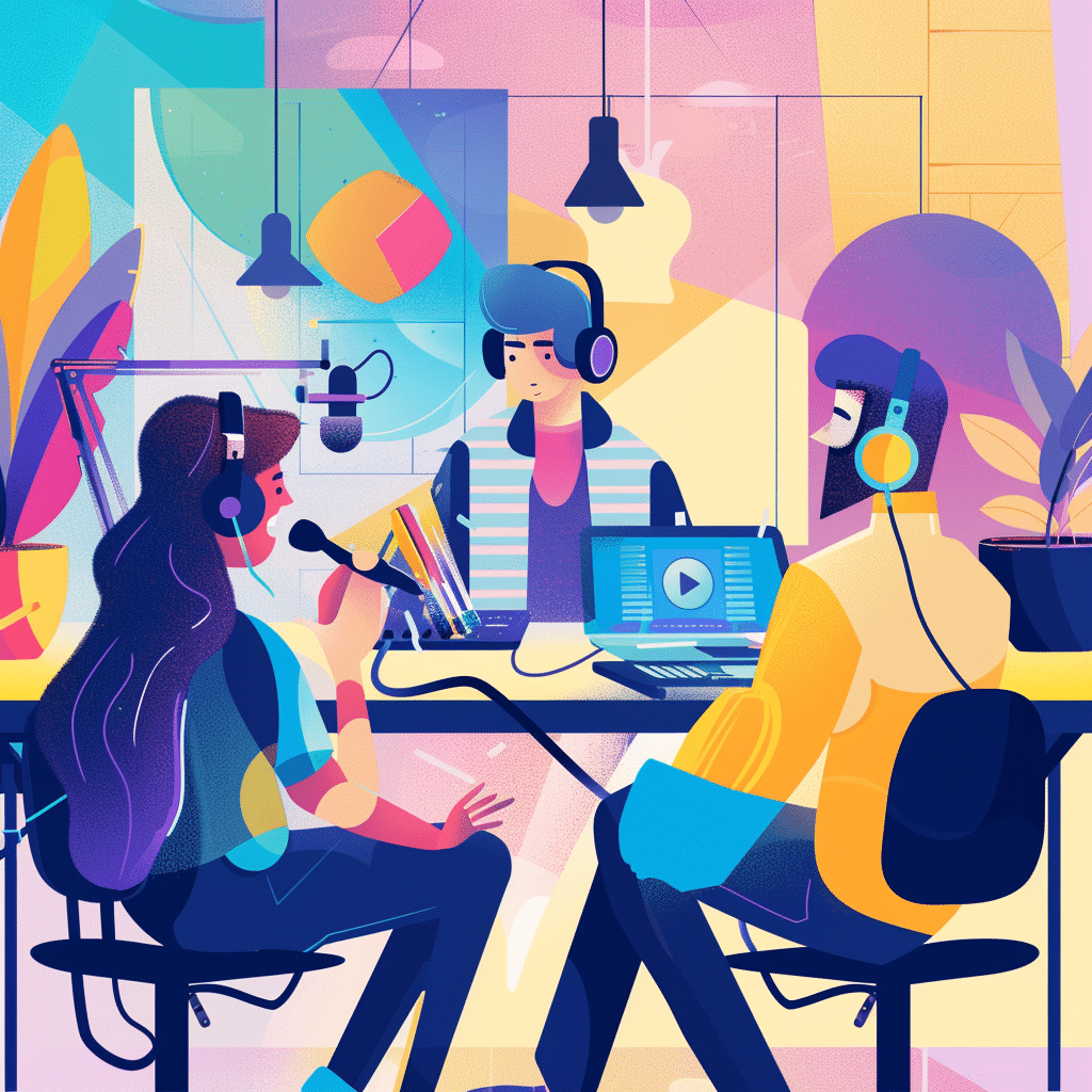 Marketing professionals producing a branded podcast in a studio.