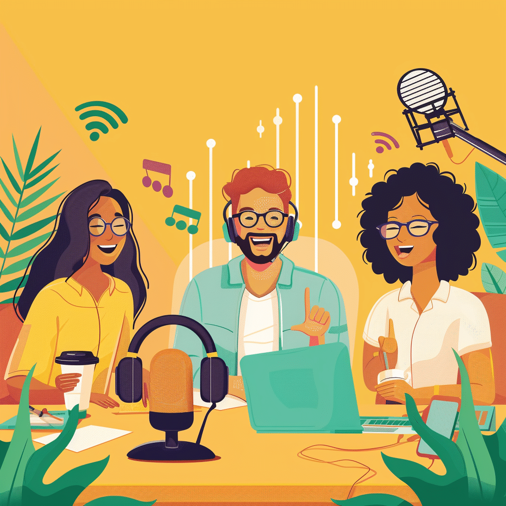 Hosts engaging in a lively consumer brands podcast recording.