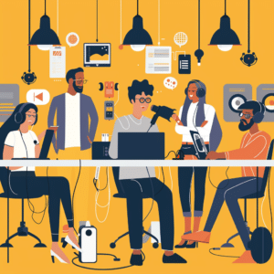 Professionals in an office listening to internal podcasts.