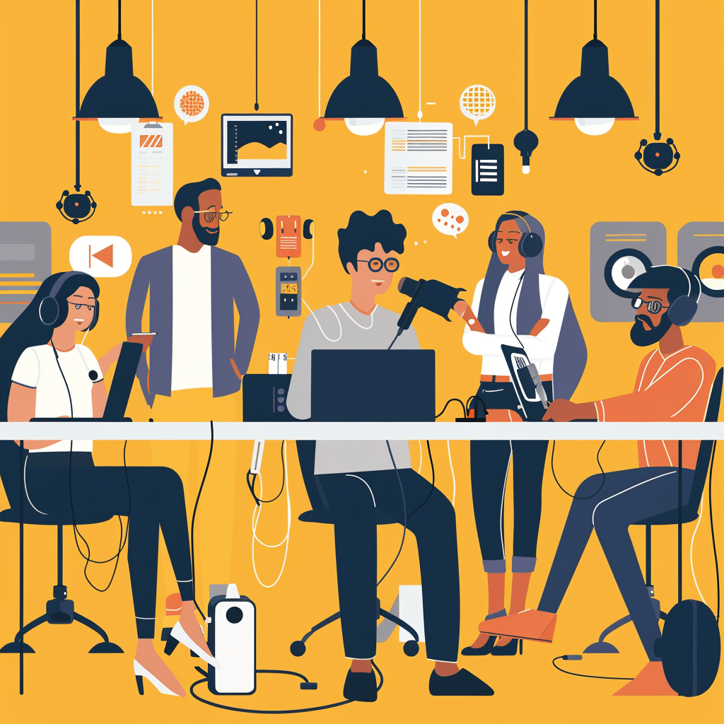 Professionals in an office listening to internal podcasts.