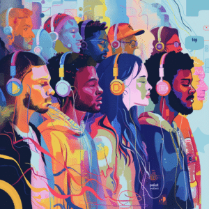 Illustration of diverse people wearing headphones, immersed in listening to top podcasts in a digital environment.