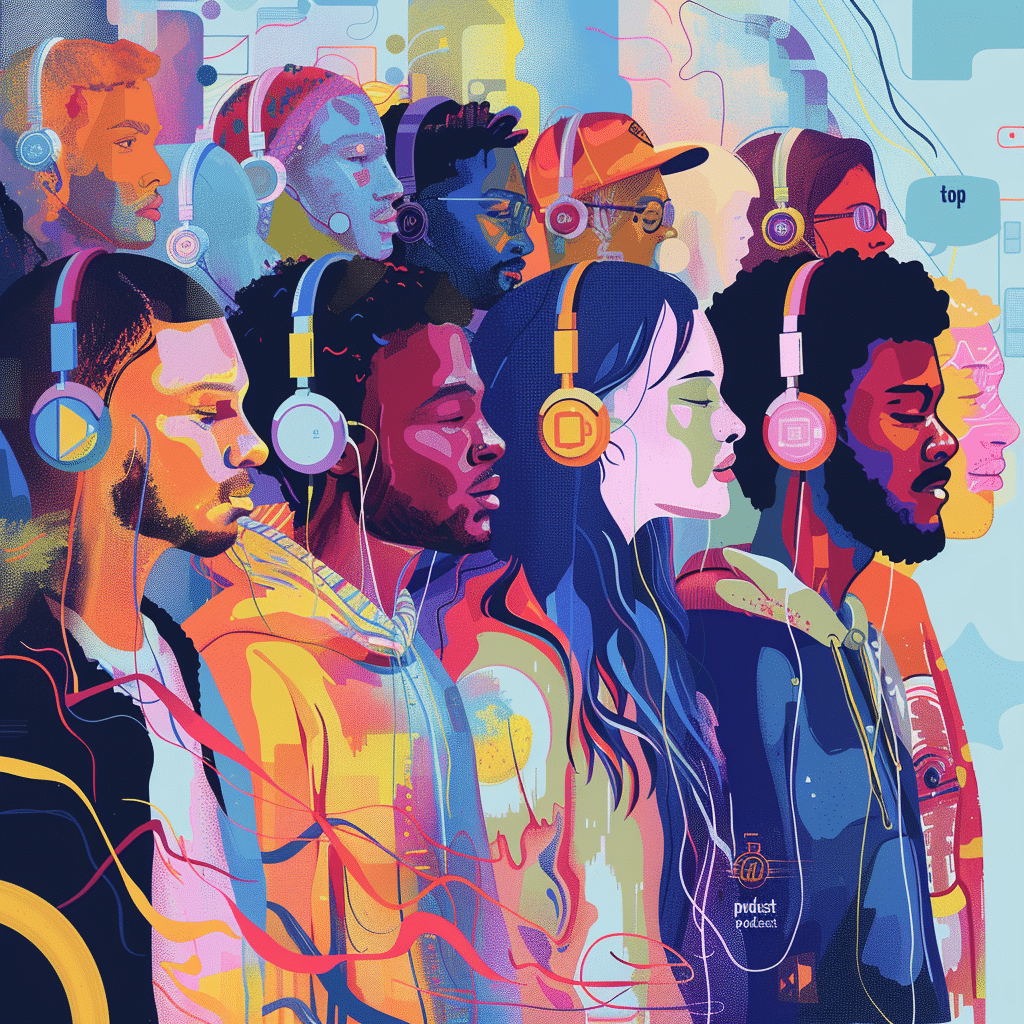 Illustration of diverse people wearing headphones, immersed in listening to top podcasts in a digital environment.