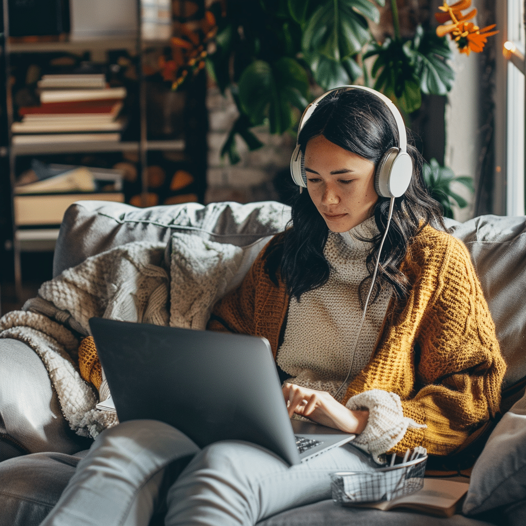 New employee engaging with an onboarding podcast at home.