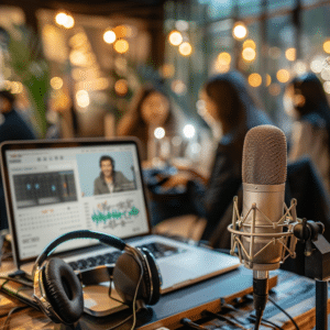 Workspace with podcasting equipment and a team discussing podcast strategy.