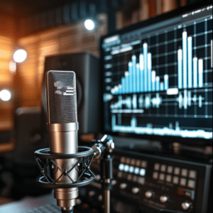 Podcast recording studio with equipment and ROI graphs displaying the success of branded podcasts.