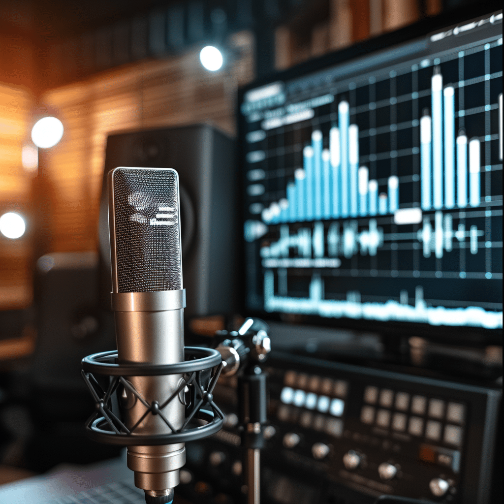Podcast recording studio with equipment and ROI graphs displaying the success of branded podcasts.