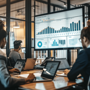 Marketing team in a meeting room discussing podcast ROI with charts and graphs on a large screen.