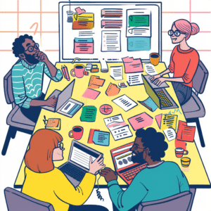 A dynamic and collaborative scene showcasing professionals from podcast agencies and creative agencies brainstorming together, with laptops and notes on a table, symbolizing partnership and innovation in branded podcast production.