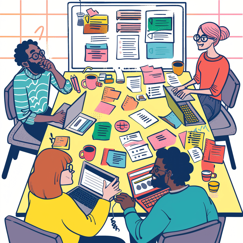 A dynamic and collaborative scene showcasing professionals from podcast agencies and creative agencies brainstorming together, with laptops and notes on a table, symbolizing partnership and innovation in branded podcast production.