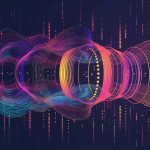 Abstract image showing sound waves transforming into data streams, representing podcast SEO.