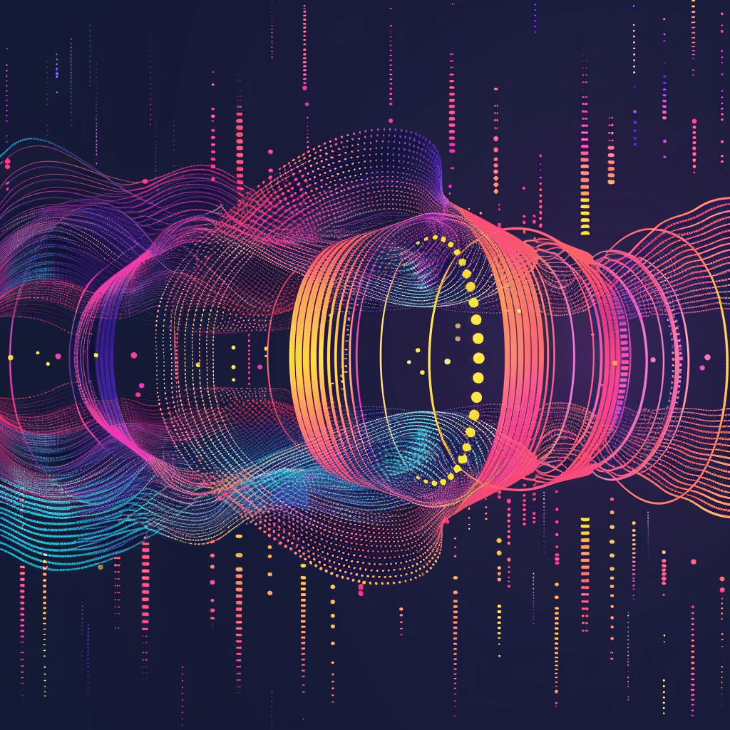 Abstract image showing sound waves transforming into data streams, representing podcast SEO.