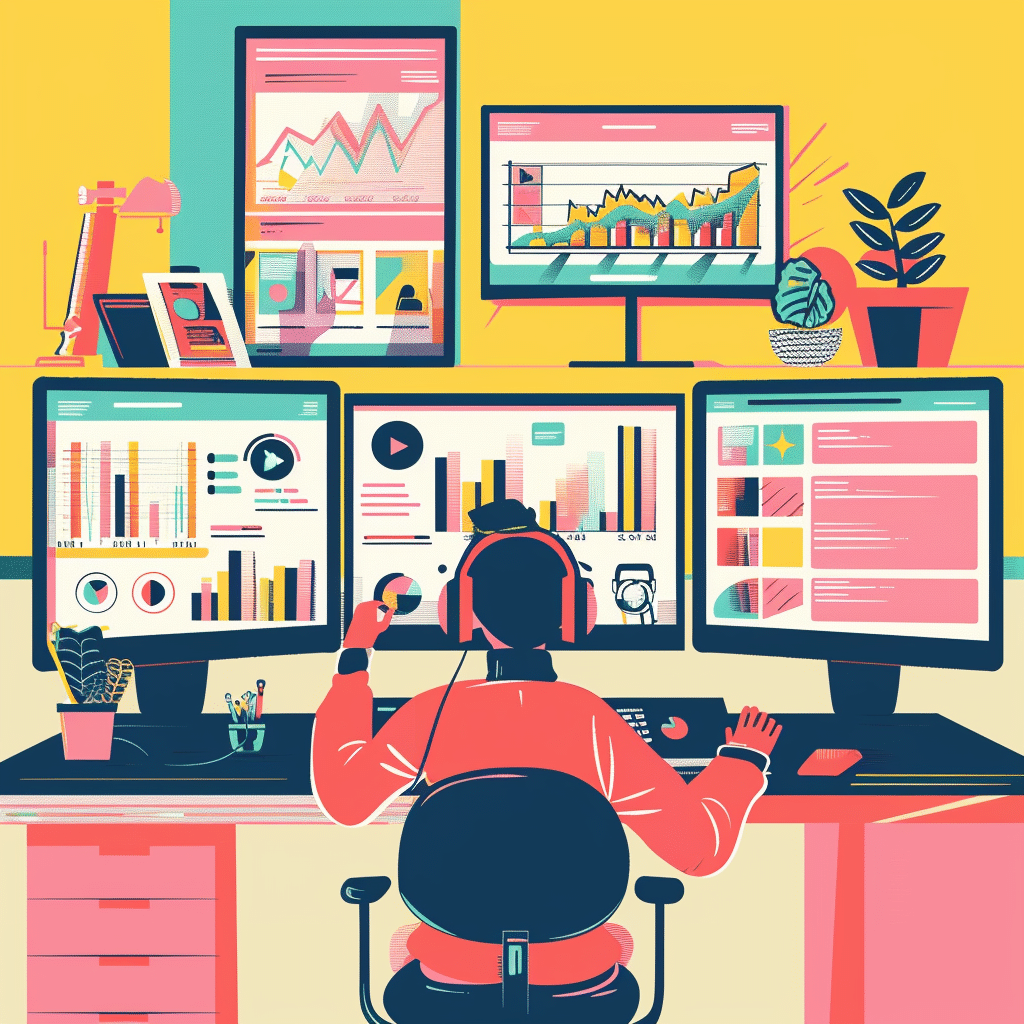 A podcast data analyst examines growth charts on multiple monitors.