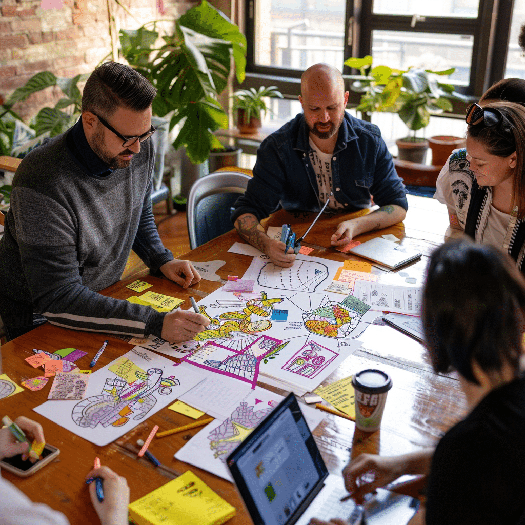 A team of podcast creators brainstorm episode ideas to boost audience engagement.