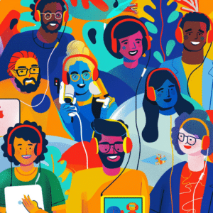 A diverse group of people using smartphones, tablets, and laptops to listen to podcasts, representing the podcast audience.