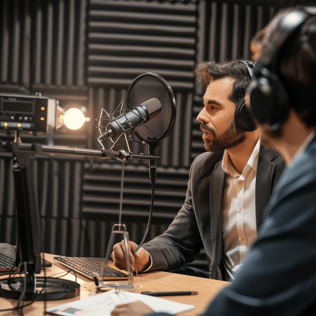 A podcast interview in progress, highlighting the importance of guest features for audience expansion.