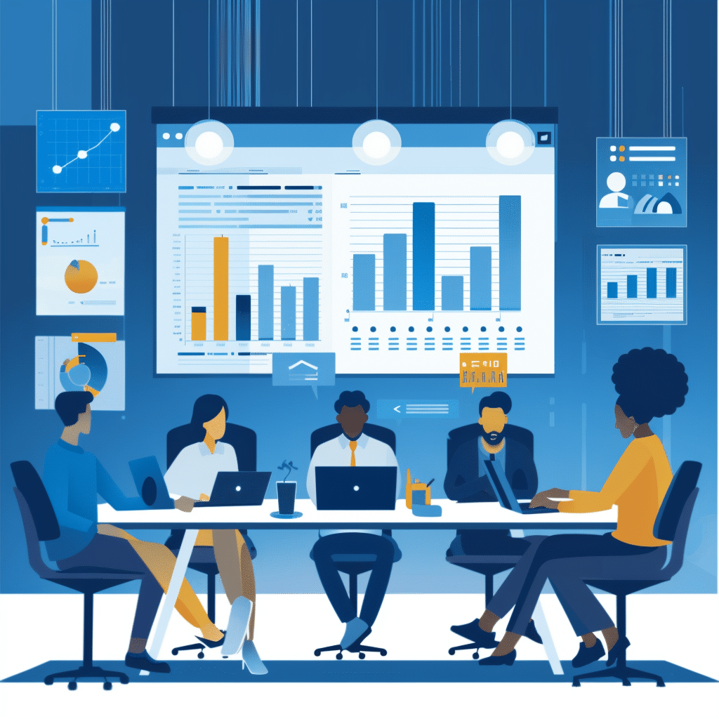 A digital marketing team discusses podcast audience growth strategies around a conference table equipped with advanced technology.