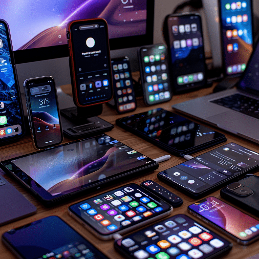 Multiple devices showcasing a selection of tech podcast names.