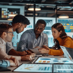 Diverse team members in an office setting analyzing charts and graphs to measure internal podcasting metrics.