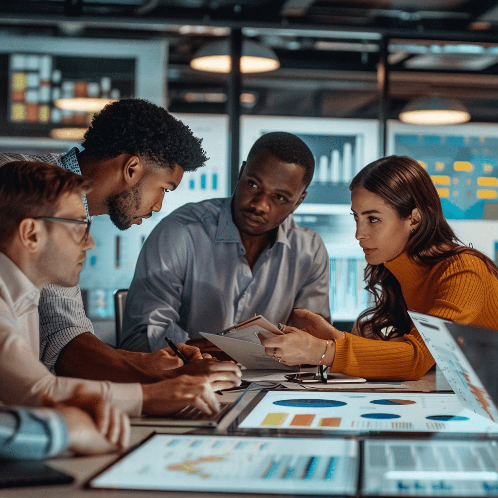 Diverse team members in an office setting analyzing charts and graphs to measure internal podcasting metrics.