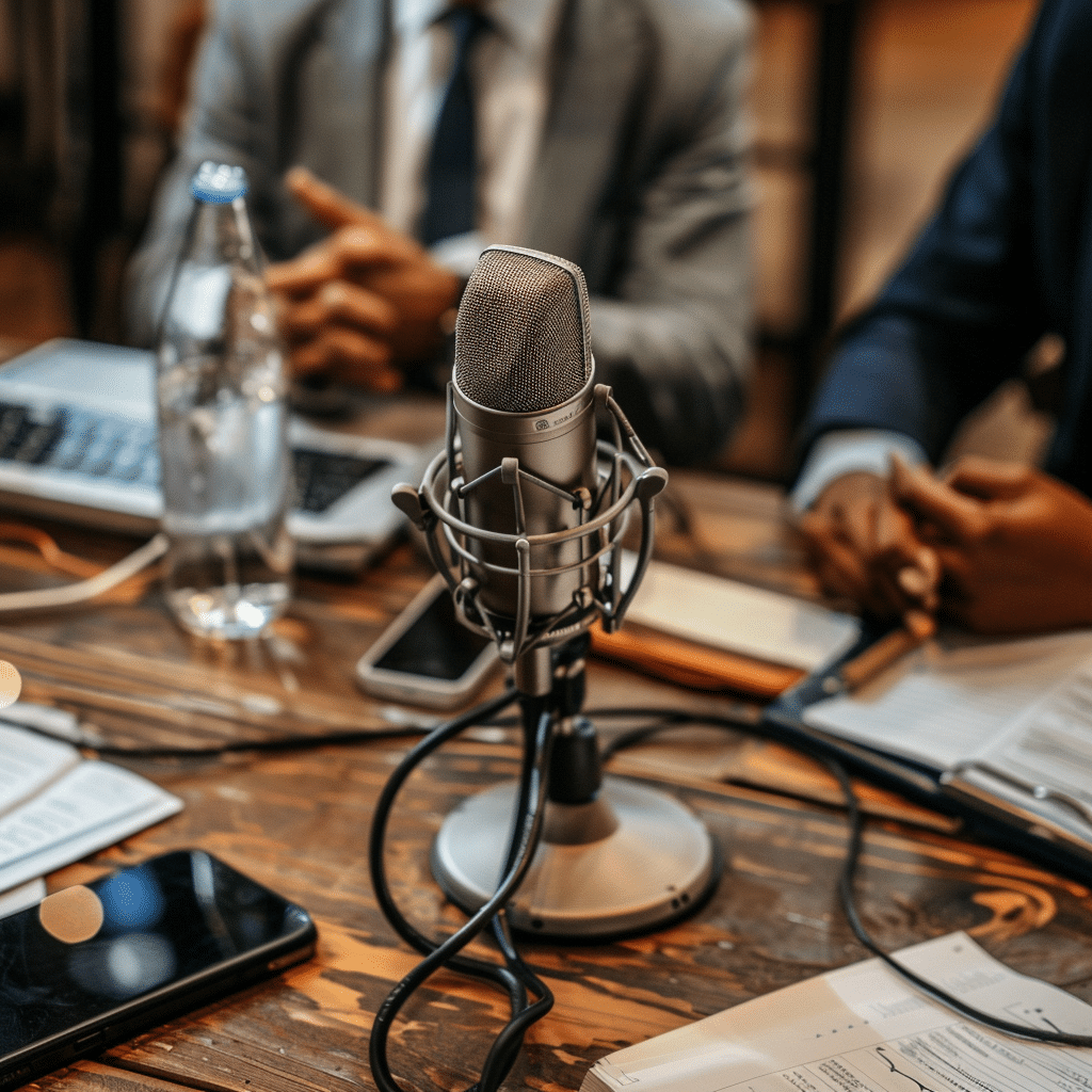  Financial experts collaborate on a podcast, discussing market trends