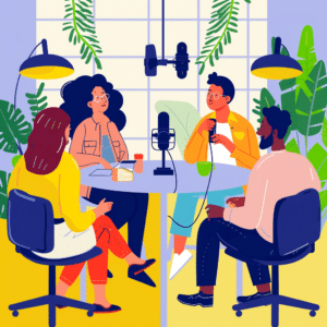 Diverse individuals in a vibrant setting sharing ideas, representing the engaging nature of podcasts.
