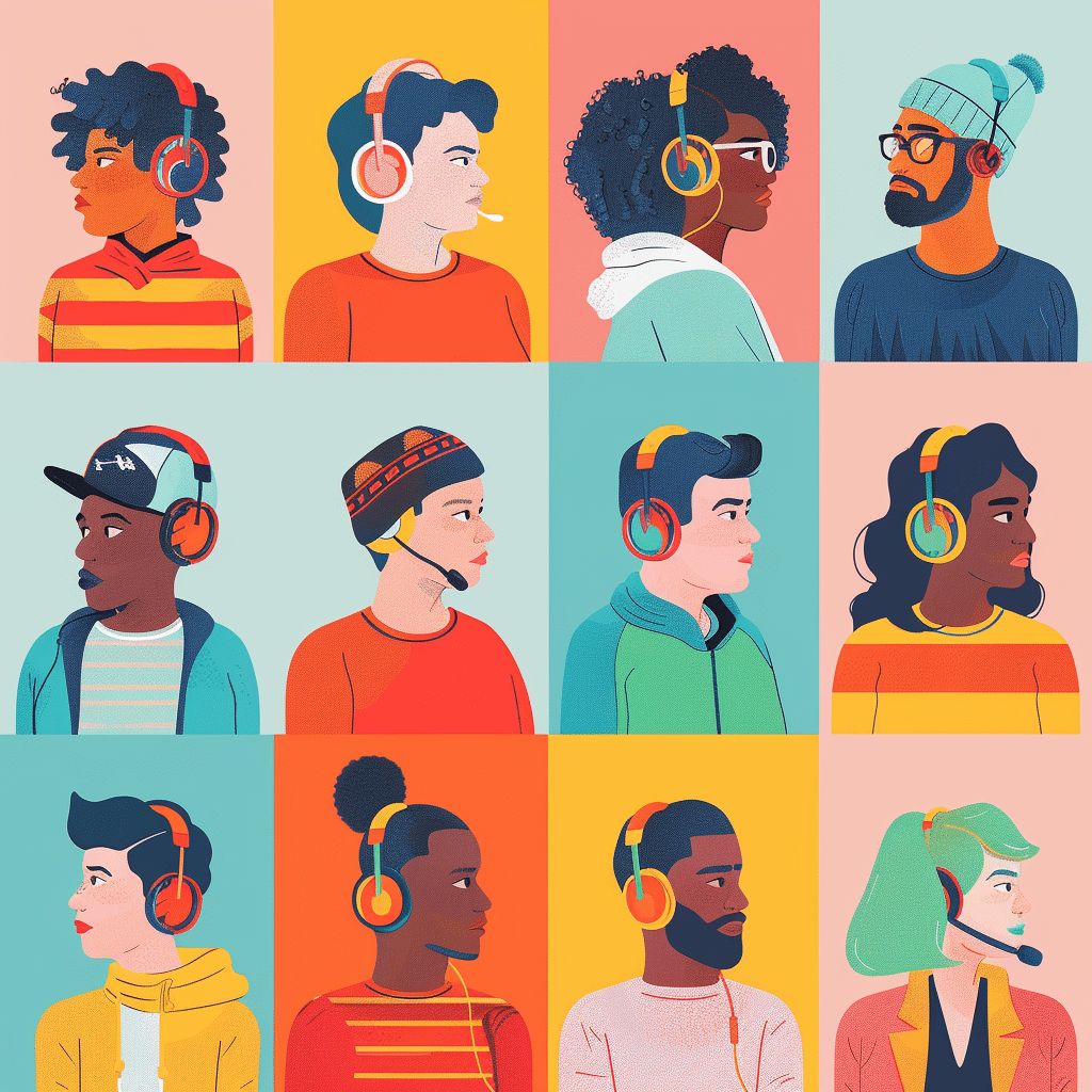 Diverse listeners enjoying engaging podcasts in different environments.