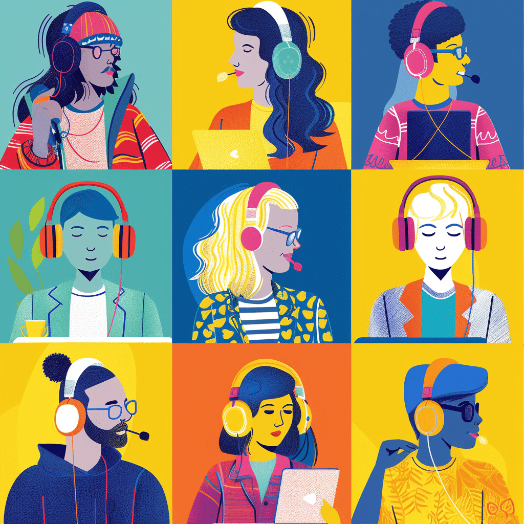 Diverse employees listening to internal podcasting in different environments.