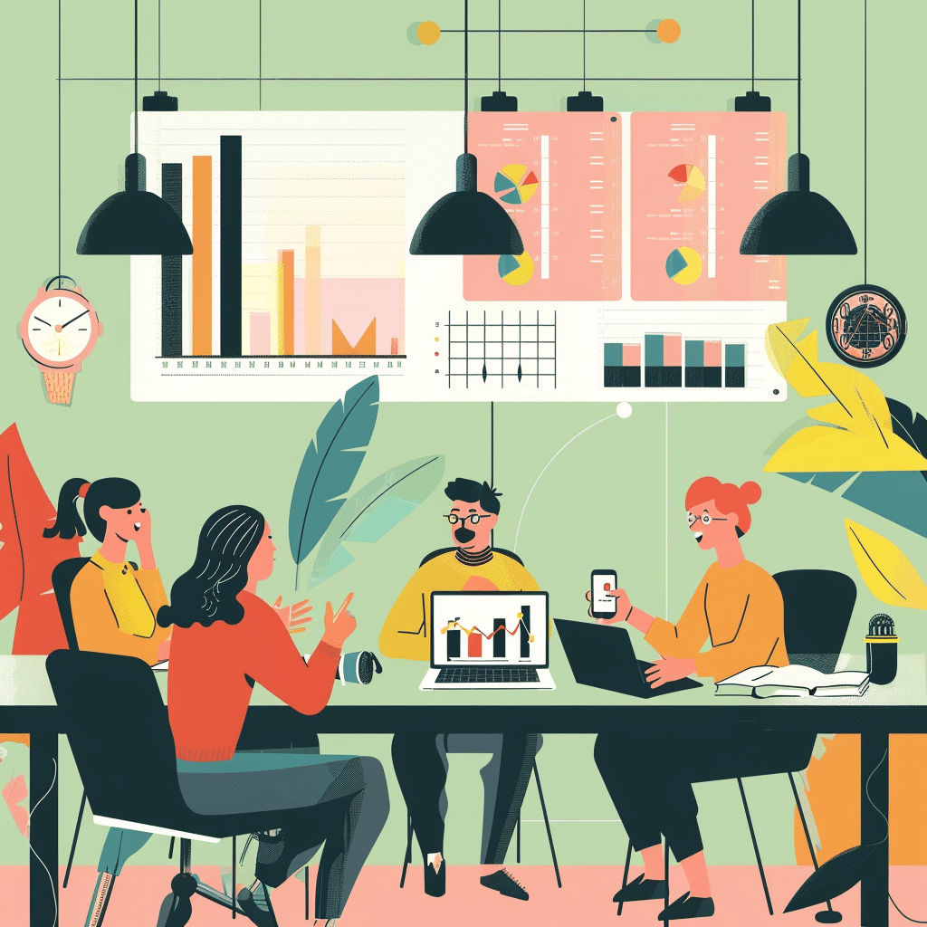 Business meeting with team brainstorming podcast ideas, charts showing Podcast ROI and audience insights.