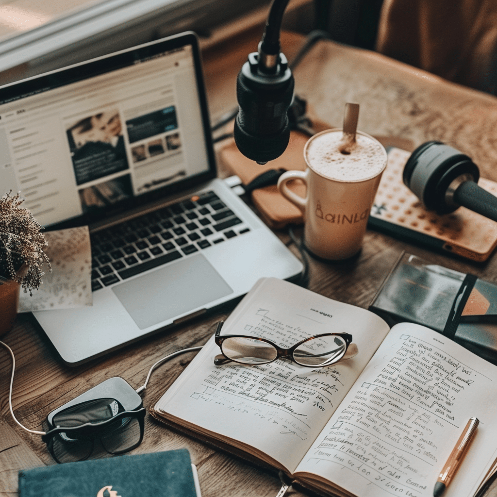 An illustration of the blog post creation process from podcast content, showing writing, editing, and publishing.