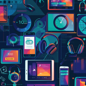 An illustration of various devices showing different podcast episode lengths with clocks and timelines to highlight the concept of podcast episode length.