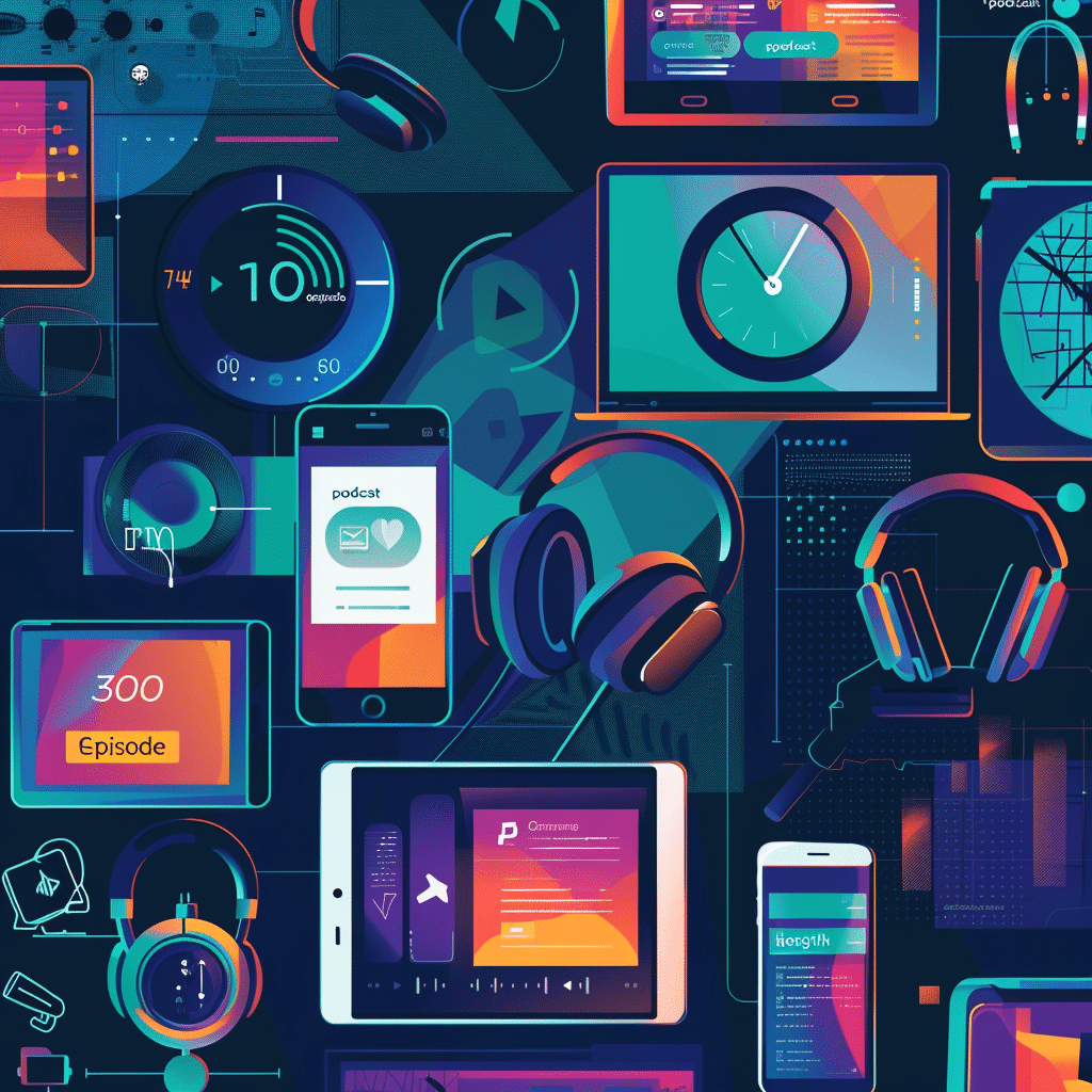 An illustration of various devices showing different podcast episode lengths with clocks and timelines to highlight the concept of podcast episode length.