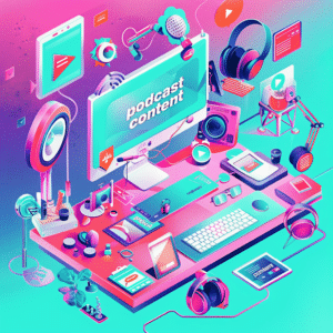 An illustration of various digital content types interconnected, emphasizing the theme of podcast content with elements of creativity and technology.
