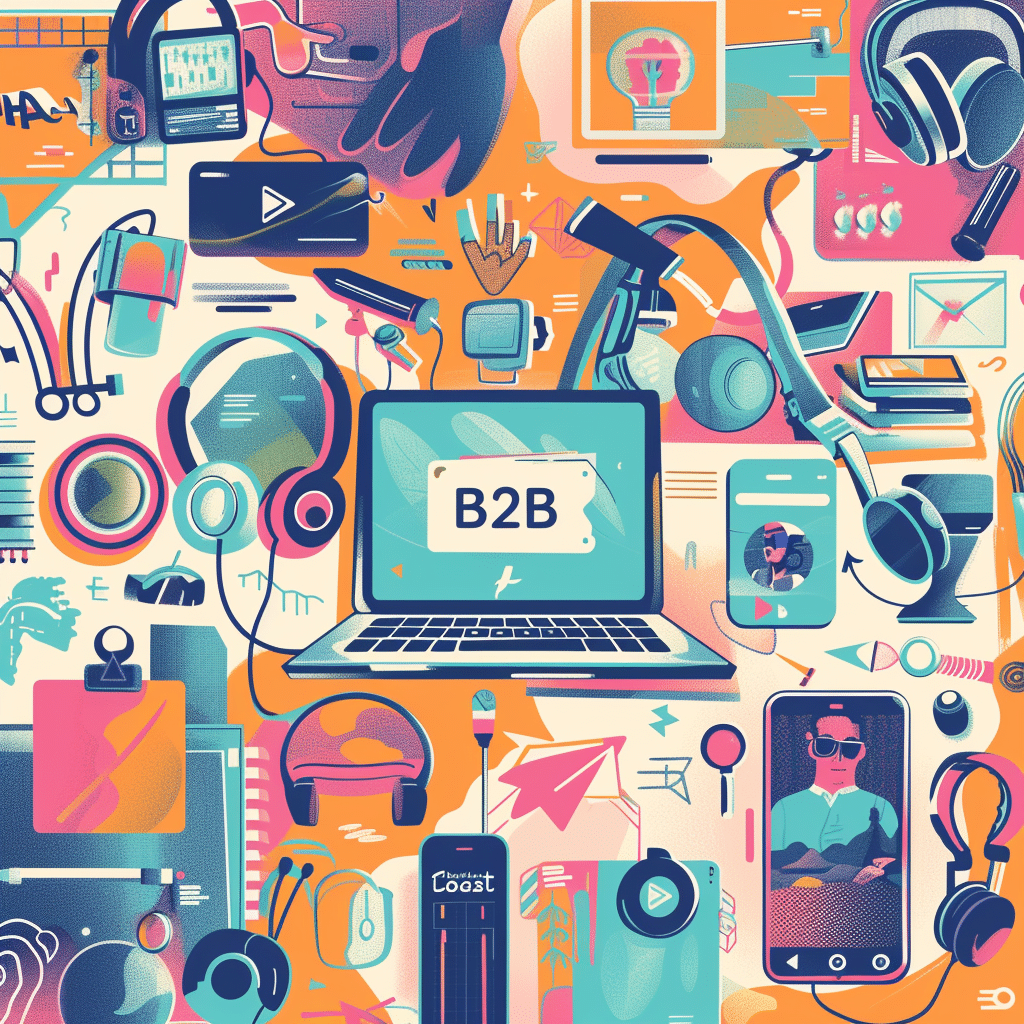 An illustration of various digital content types interconnected, emphasizing the theme of B2B podcast with elements of creativity and technology.