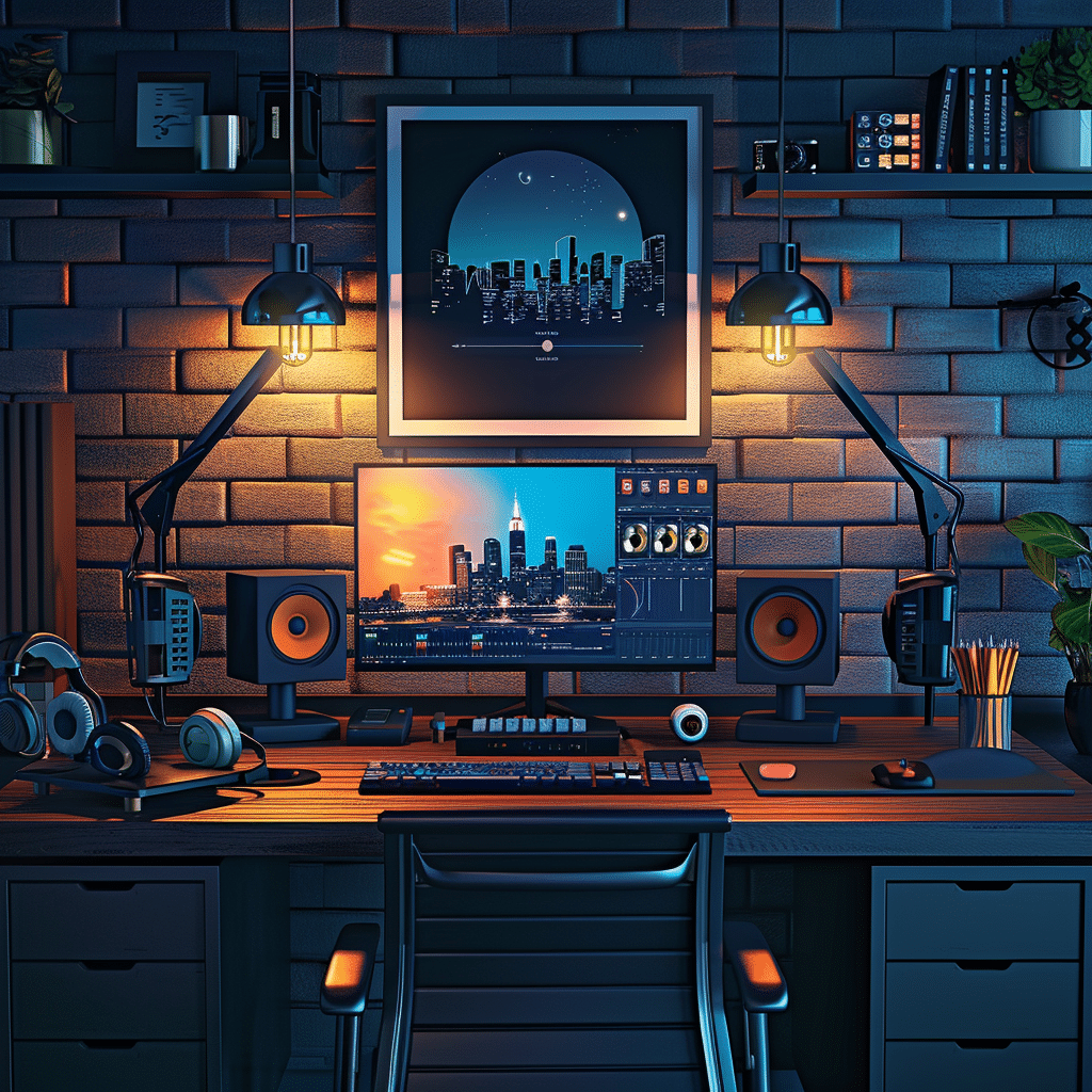 Content creator recording a branded podcast in a home office, showcasing professional equipment.