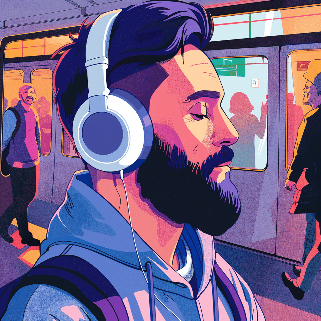 An illustration of a professional listening to a short podcast episode on their commute, emphasizing the convenience of different podcast episode lengths.