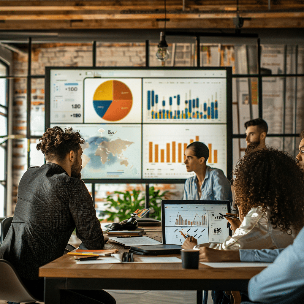 Marketing team analyzing charts and graphs of video podcast performance on a large screen.