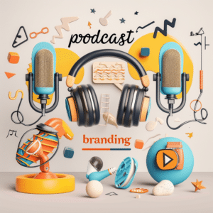 An abstract visual representation of podcast branding elements, highlighting logo design, cover art, color palettes, and typography.