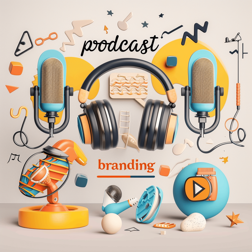 An abstract visual representation of podcast branding elements, highlighting logo design, cover art, color palettes, and typography.