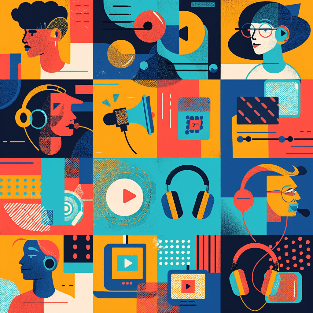 Abstract illustration symbolizing different corporate podcast formats with vibrant colors and dynamic shapes.