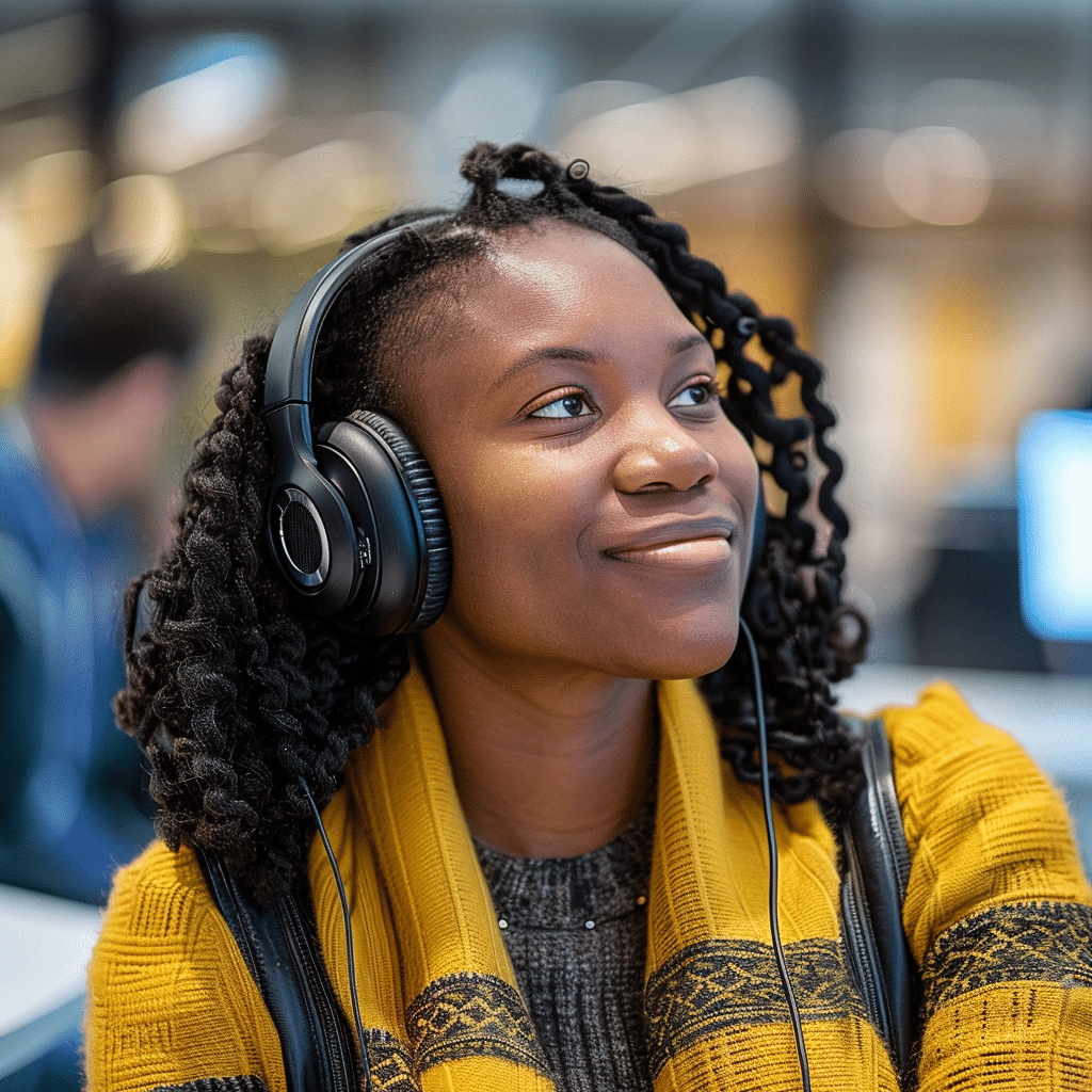 Employees engaging with a branded podcast, highlighting its impact on team morale and brand identity.