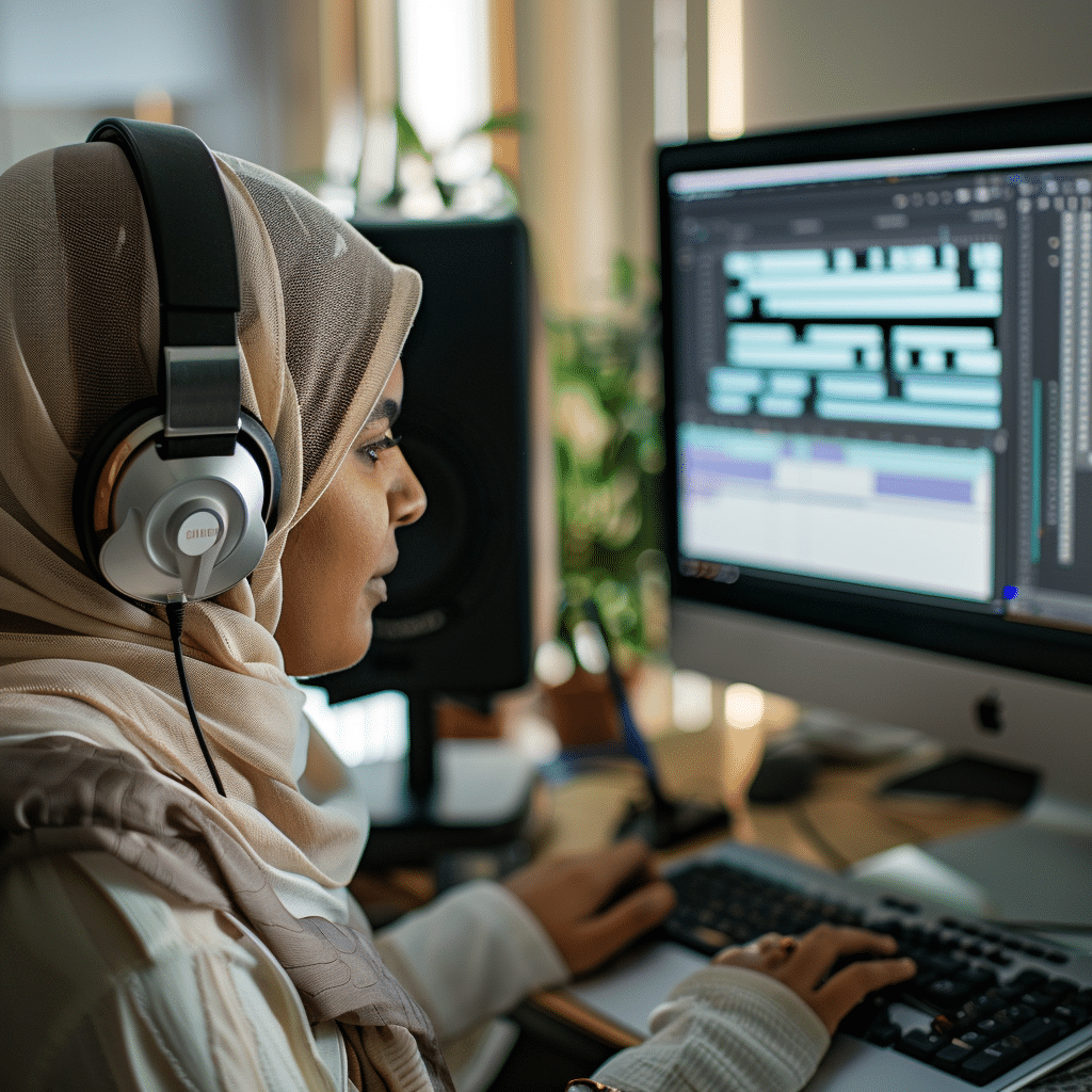 Detailed view of a podcast editing session, focusing on brand-aligned audio production.