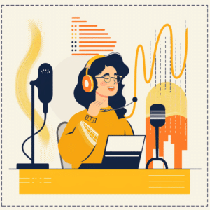 Podcast host with a professional setup engaging with a diverse audience, emphasizing the importance of avoiding branded podcast mistakes through quality production and audience connection.
