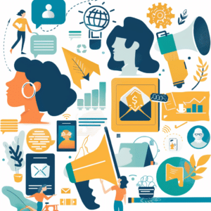 Building brand trust through content marketing, depicted with trust symbols, brand messaging, and audience engagement.