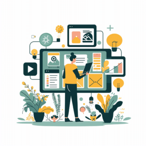 Innovative content marketing strategies for brands, depicted through digital content creation, audience engagement, and brand messaging.