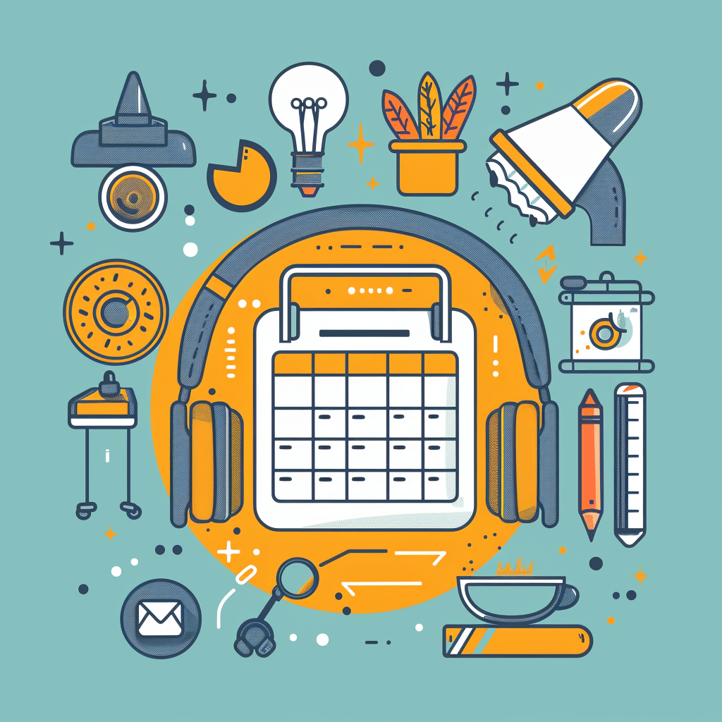 The process of building a loyal podcast audience over time, depicted with a calendar, listener icons, and content creation symbols.