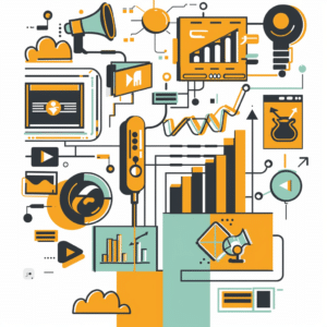 Innovative strategies for growing a podcast audience, depicted through growth charts, diverse icons, and engaging content elements.