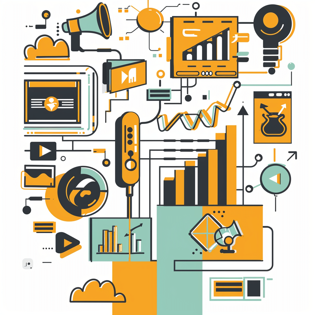 Innovative strategies for growing a podcast audience, depicted through growth charts, diverse icons, and engaging content elements.