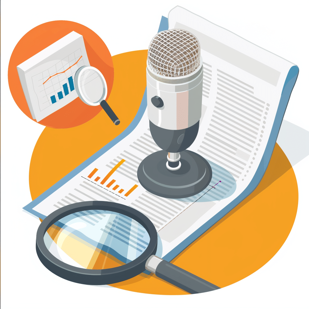 The importance of in-depth analysis for podcasts, illustrated with a report, magnifying glass, and microphone.